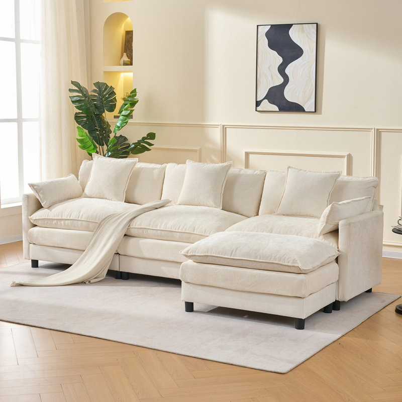 108 Inch L Shaped Modern Sofa Modular Sectional With Ottoman, 4-Seat Chenille Deep Seat Sofa For Living Room And Bedroom