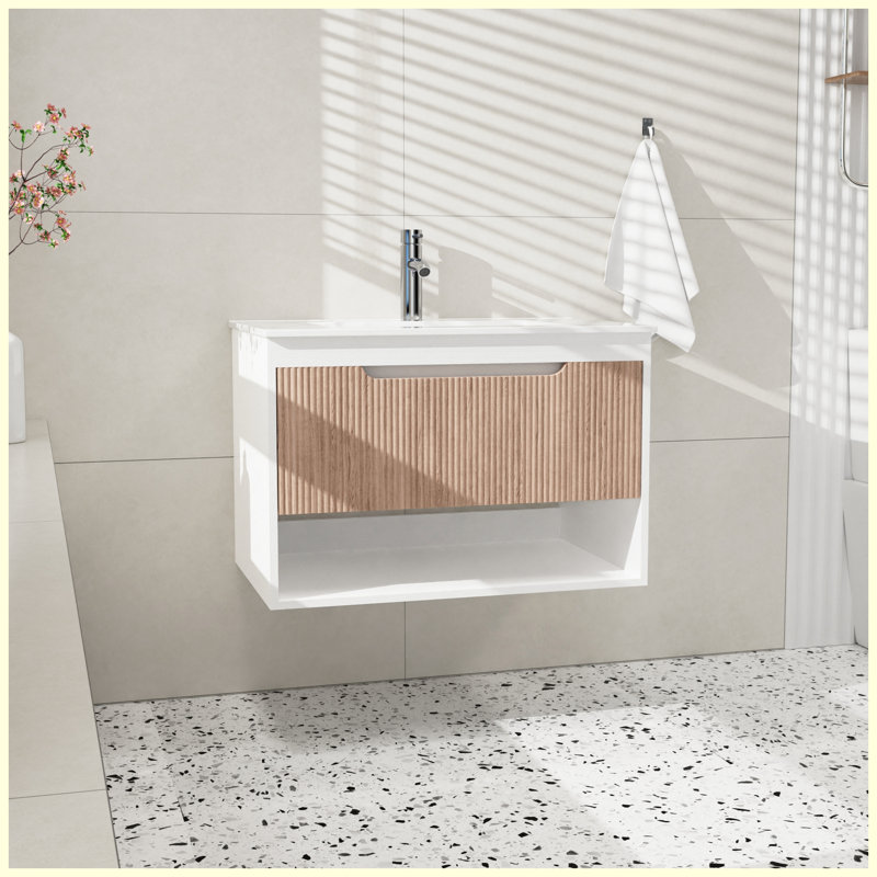 Meuble-lavabo mural moderne en céramique 30 po avec rangement à fermeture en douceur