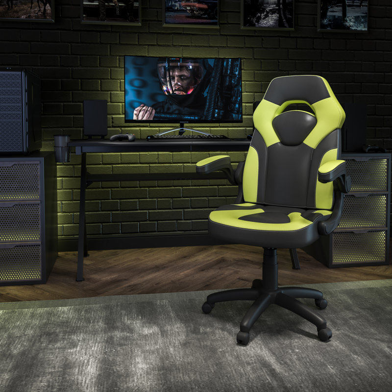 Ergonomic Adjustable Swivel Computer Gaming Chair with Flip-up Arms, Green/Black