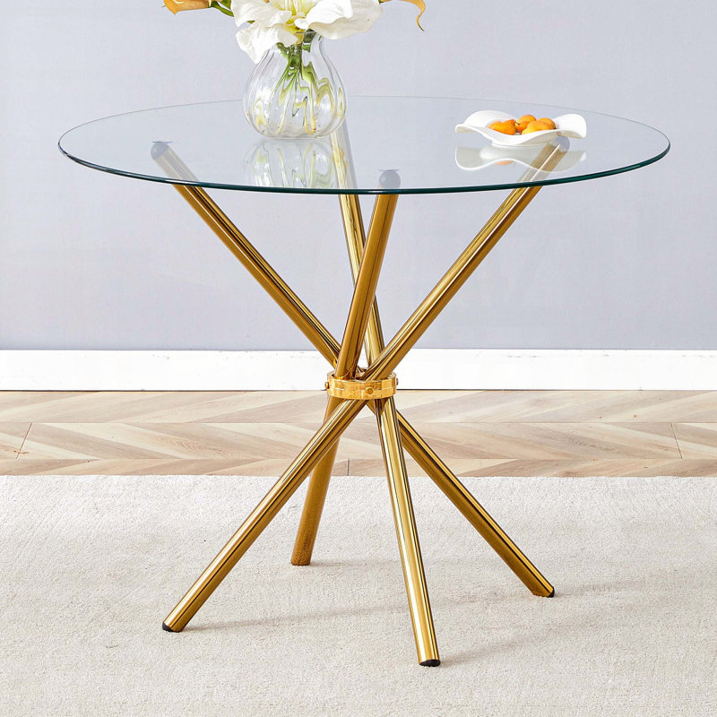 Table de salle à manger ronde en verre transparent avec pieds entrelacés en métal doré (4 à 6 places), Doré