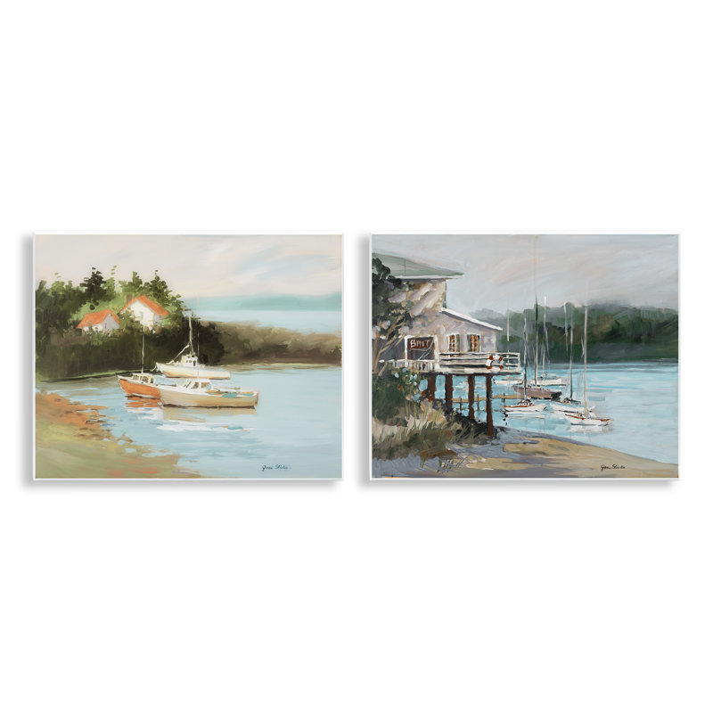 «Boat Lakeshore Landscape», ensemble de 2 plaques murales par Jane Slivka