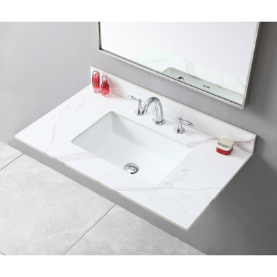 Comptoir de meuble-lavabo 37 po, pierre frittée dorée, lavabo rectangulaire en céramique, 3 trous de robinet, avec dosseret inclus, comptoir en pierre de 37 po, encastré