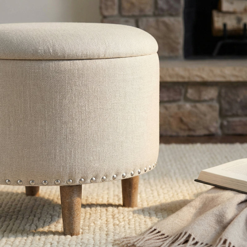 Repose-pieds rond 19 po en lin beige clair Hosta