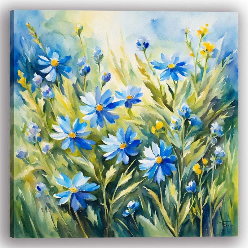 «Blue and Yellow Meadow Blooms in Sunlight», art mural sur toile tendue, H 30 po x l 30 po x P 1,5 po