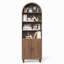 Bibliothèque arquée avec rangement, bibliothèque à 6 niveaux avec portes et tablettes ouvertes, noyer