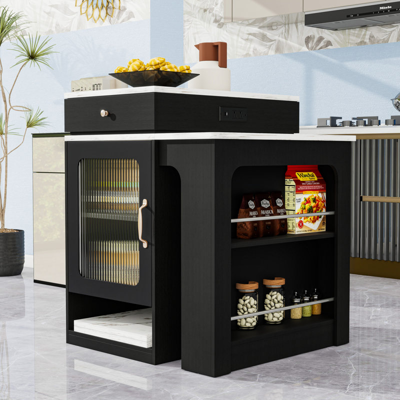 Îlot de cuisine avec table de salle à manger extensible, 2 tiroirs, prise de courant et tablettes latérales ouvertes, Noir