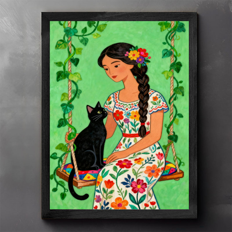 Art rétro encadré noir, "Fille jouant avec un chat", impressions de style rétro, H 11 po x l 9 po