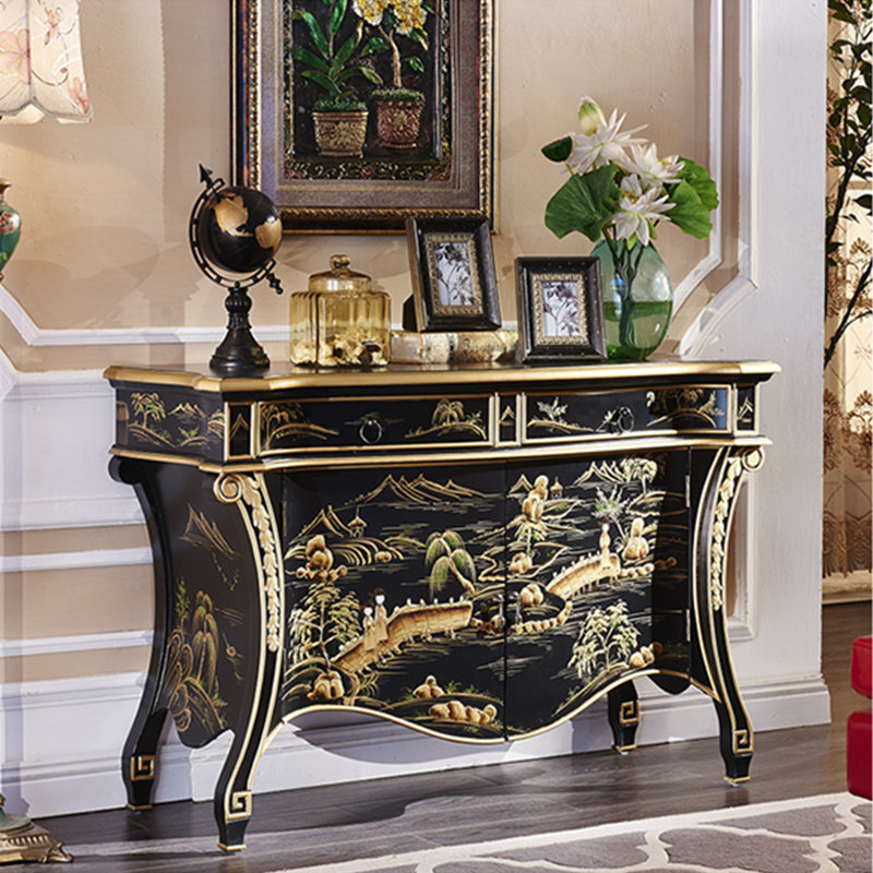 Console en bois massif noir et bois manufacturé, Noir, Noir