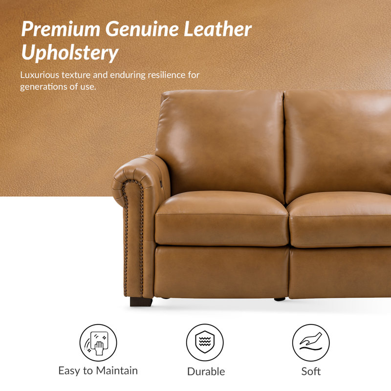 Igon 62.8" Traditional Down-Filled Genuine Leather Power Reclining Loveseat Sofa, Camel