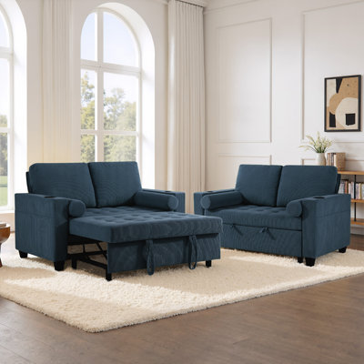 Upholstered Navy Corduroy Tufted Convertible Pull-Out  Multi-Functional Sleeper Sofa Bed - Adjustable Backrest With 2 Soft Pillows, USB Outlet and  Cup Holder