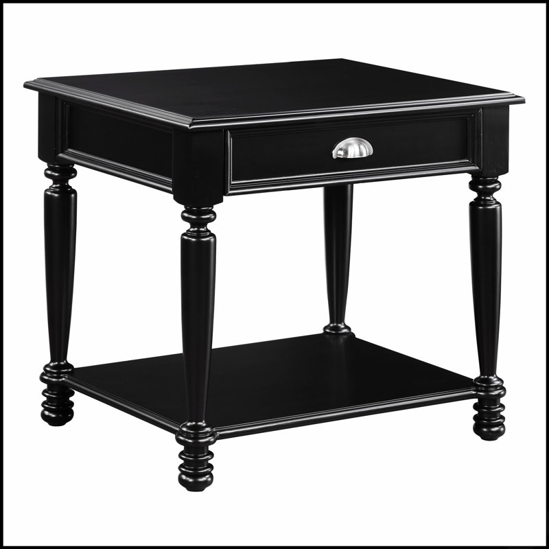 Table d'appoint classique au fini noir avec tiroir et tablette inférieure, idéale pour le rangement et la décoration d'un salon traditionnel.