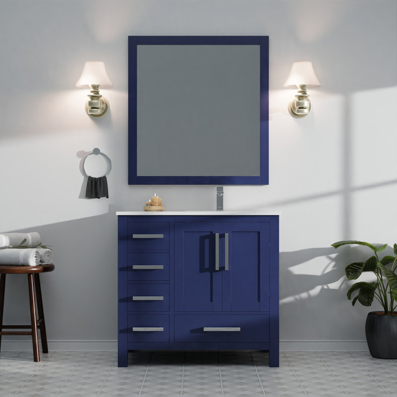 Bath Vanity with Right Offset and White Quartz Top, Navy Blue