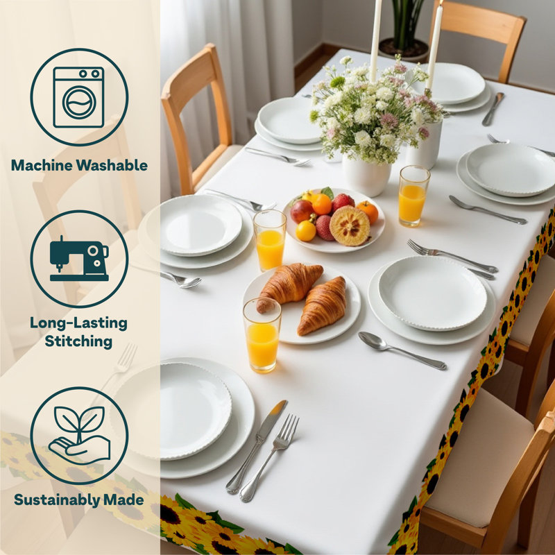 Ruibo Sunflower Garland Border Rectangle Stain-Resistant Polyester Floral Tablecloth, 104" L x 60" W