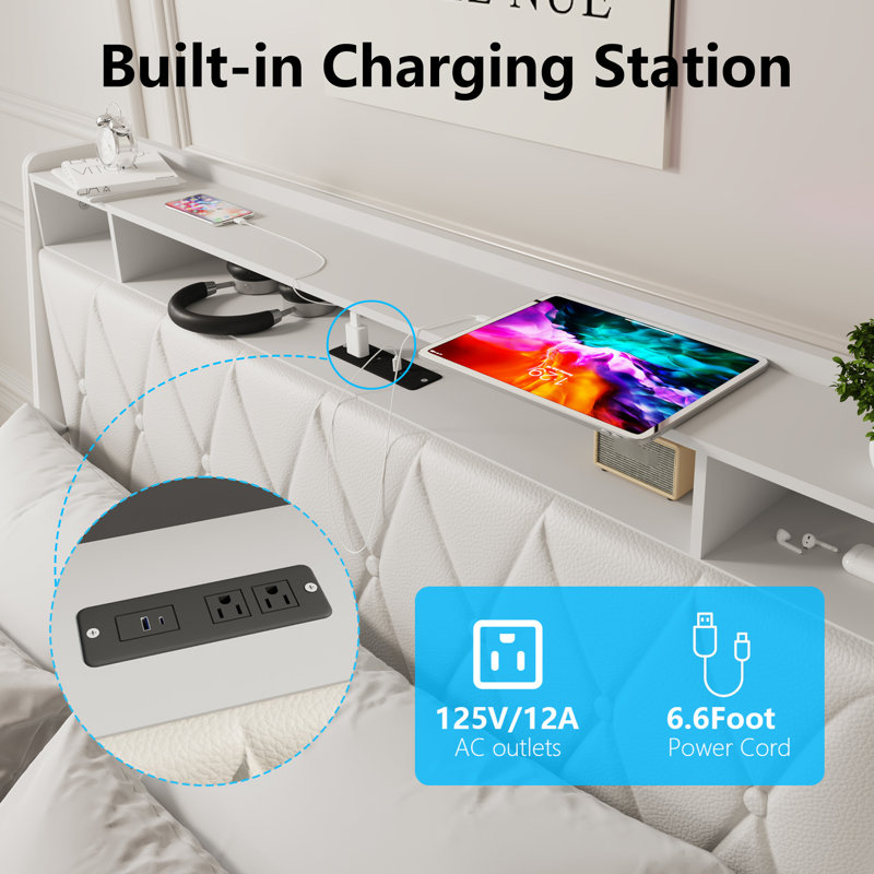 Cadre de grand lit ergonomique avec tablette de rangement et tête de lit en métal, White