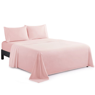 Marina Decoration 600 Thread Count Home Bedding Bedroom Soft Bedsheet Deep Pocket Hotel Standard Solid Percale All Season 4 Pieces Cotton Sheet Set with 2 Pillowcases, Pink Color Double/Full Size