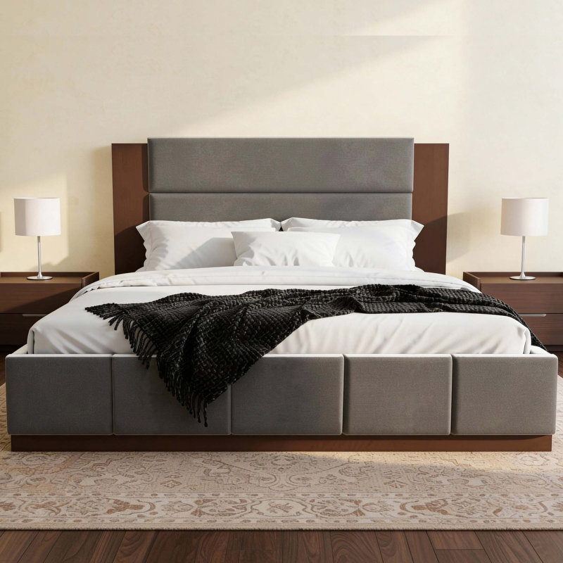 Structure de lit moderne tapissier avec tête de lit allongée en bois et sans sommier, Gris, Très grand lit