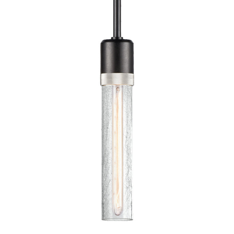 3" E26 Cylindrical Pendant Light, 18" Crackled Glass And Satin Brushed Black Finish, 65.13" H x 2.75" W x 2.75" D