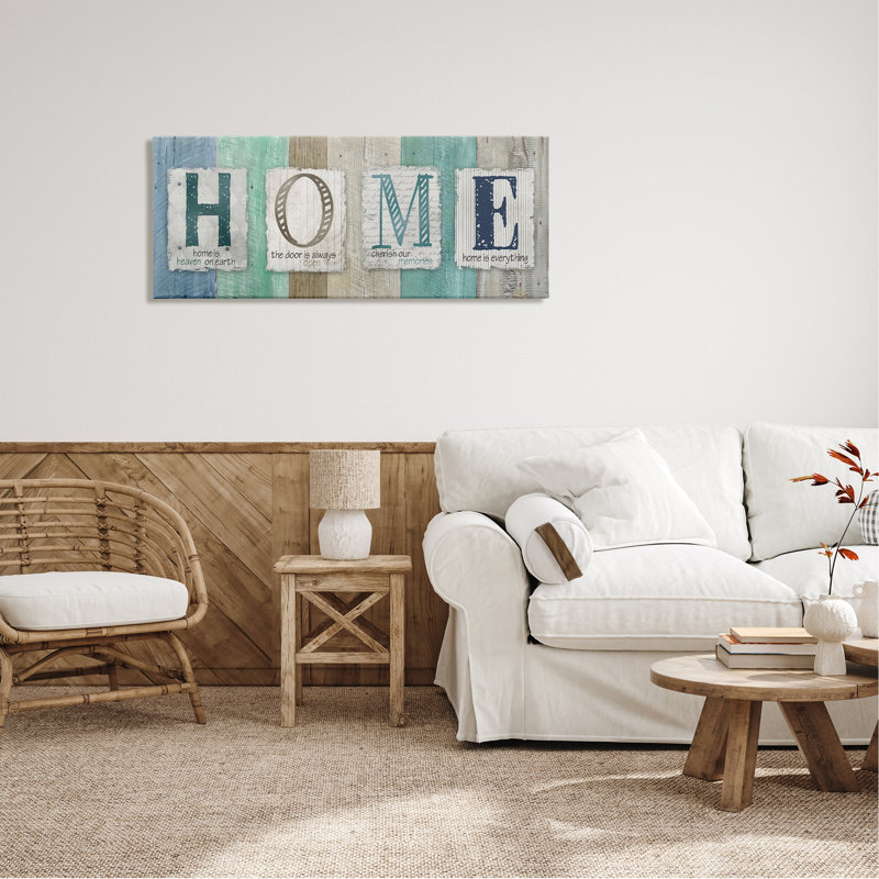 «Rustic Home Sign Blue Birch» par Carol Robinson - impression, H 20 po x l 48 po, Toile tendue