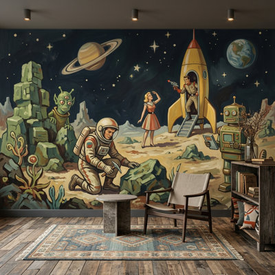 Retro Sci Fi Wallpaper Space Landscape Rocket Ship Removable Wall Decor