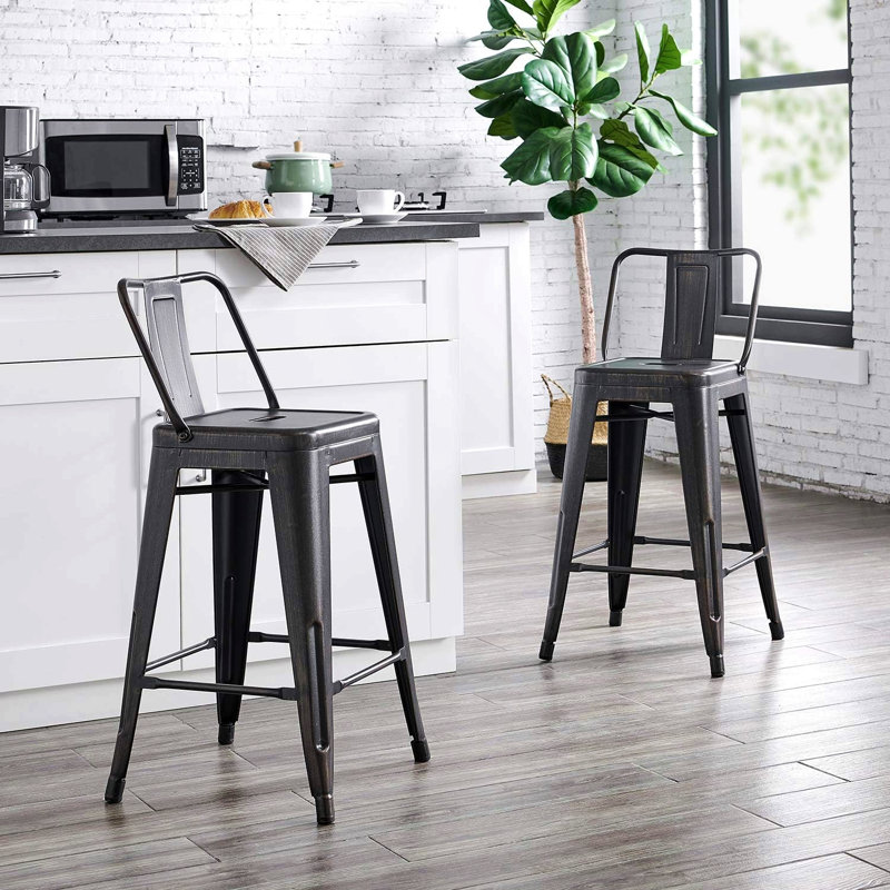 Tabouret de bar 24 po en métal de style rustique rustique avec dossier, tabouret de bar de cuisine, construction légère et robuste, ensemble de 4 - noir mat