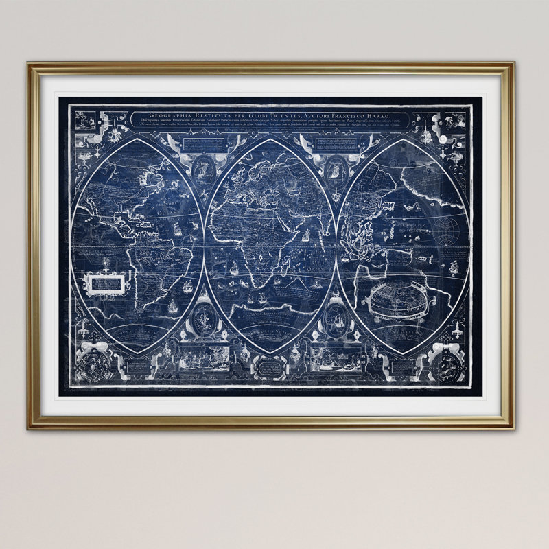 « rétro carte du monde iii », impression, Cadre doré, H 20 po x l 24 po x P 1,5 po