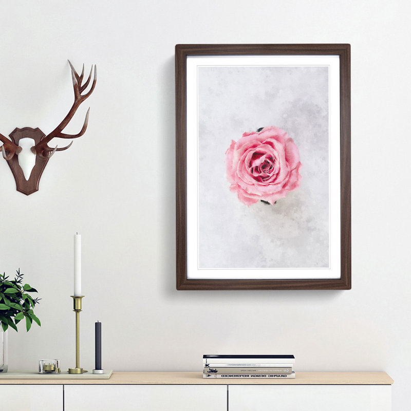Lone Pink Rose - Framed Print, 45cm H x 33cm W x 2cm D, Walnut Framed