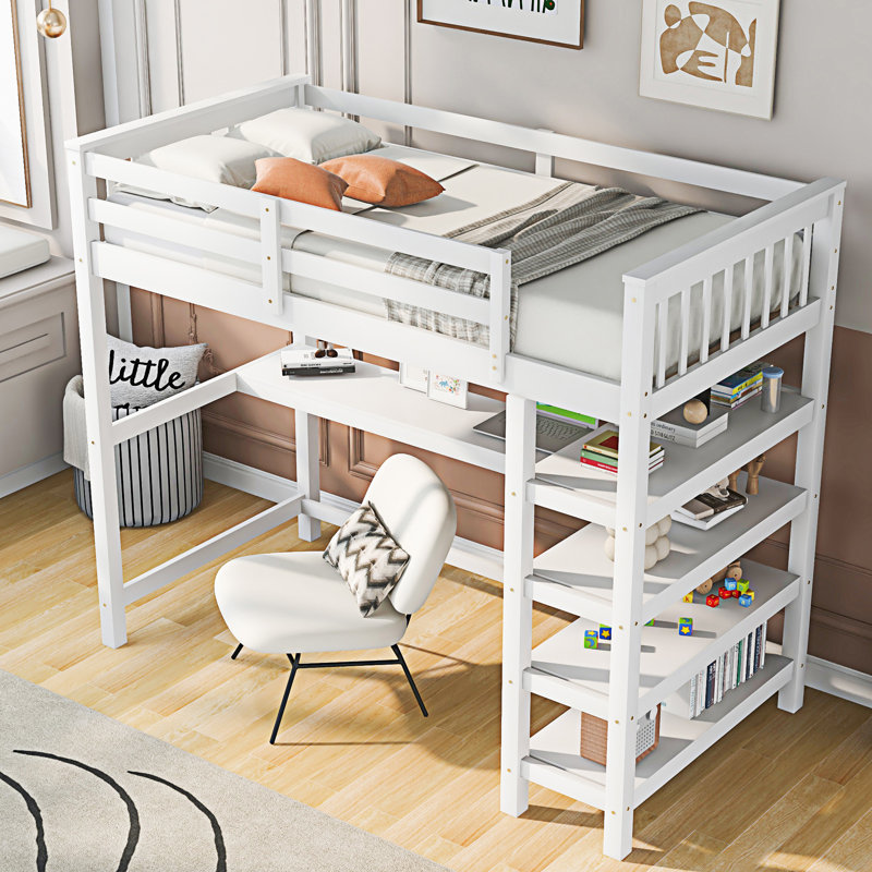 Lit mezzanine avec tablettes de rangement et bureau sous le lit, Lit simple, Blanc