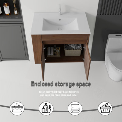 Meuble-lavabo flottant avec lavabo, porte à fermeture en douceur, lavabo en céramique, contreplaqué