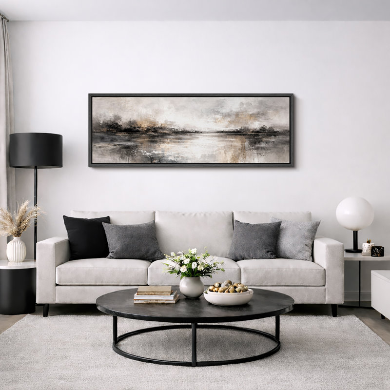 «Abstract Neutral Grey Misty Reflection», œuvre d'art moderne sur toile encadrée, impression sur toile, Cadre noir