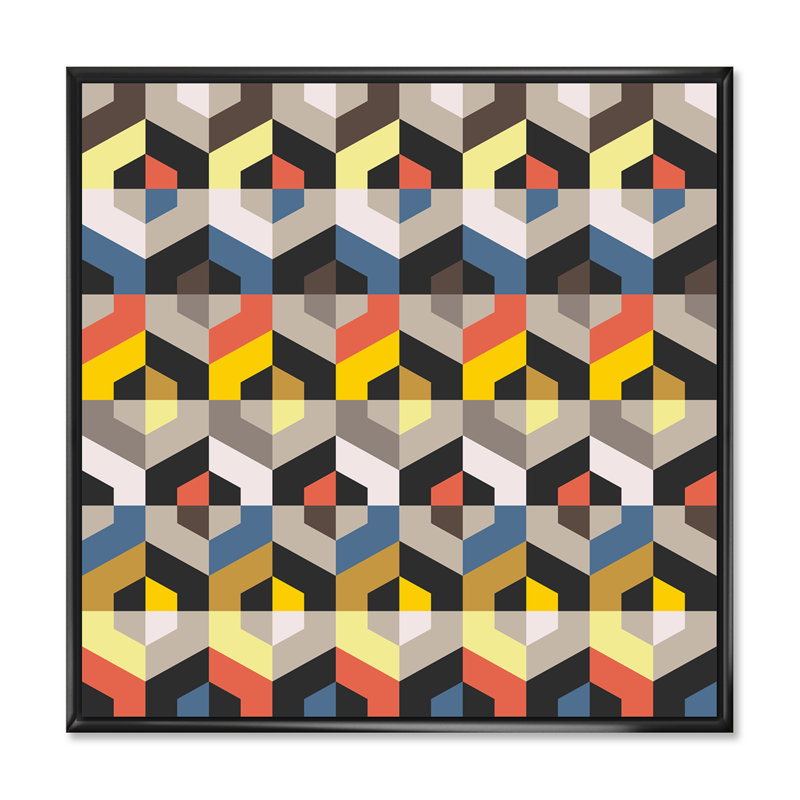 " Yellow Blue And Orange Geometrics ", Black Floater Frame, 36" H x 36" W x 1" D
