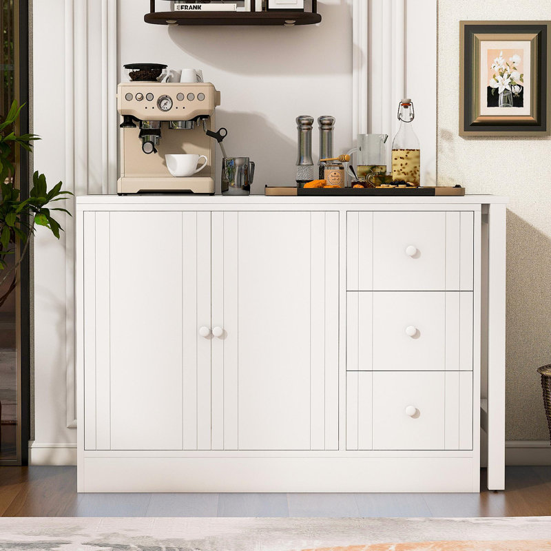 89.7''Wooden Sideboard With Extendable Table,Multifunctional Storage Cabinet With 2 Doors And 3 Drawers,For Living Room,Study,Foyer And Kitchen