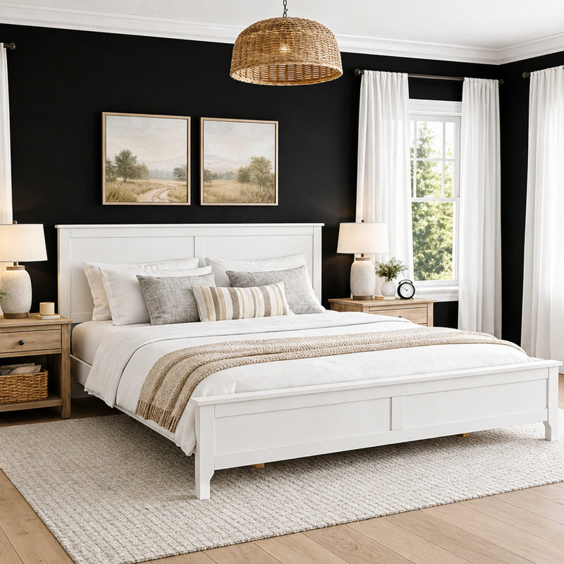 White Platform Bed with Headboard, King