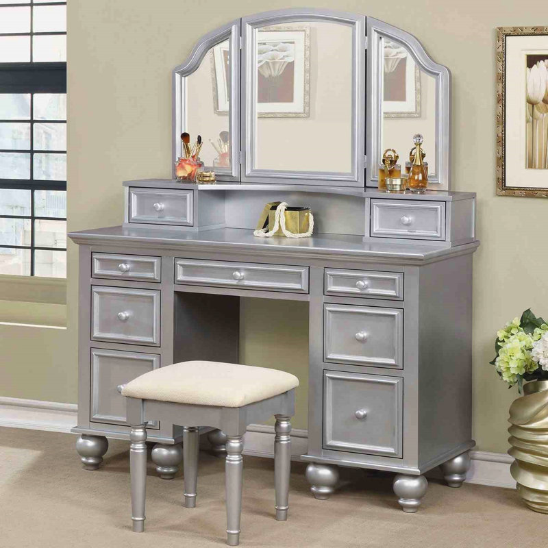 Meuble-lavabo 1pc avec tabouret, style transitionnel, couleur argent, miroir à 3 côtés, rangement de tiroir en bois massif dans la chambre à coucher et teint, tiroirs pour la décoration