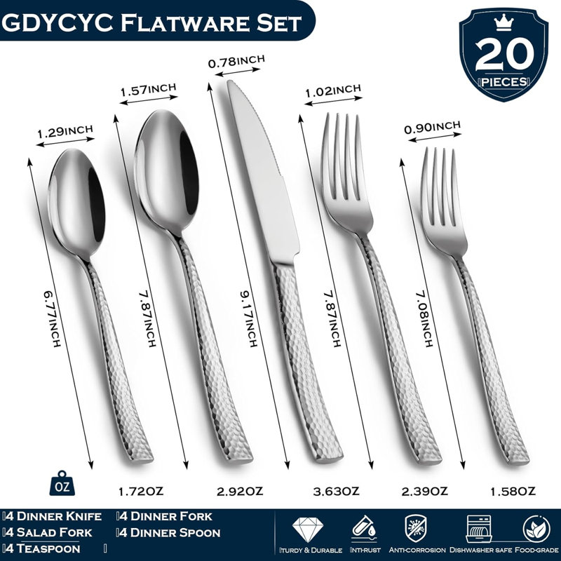 Ensemble de couverts 20 pièces en acier inoxydable martelé pour 4 couteaux, fourchettes, cuillères et lave-vaisselle