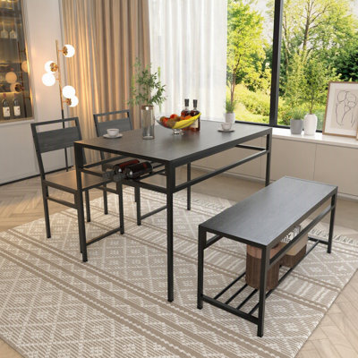 Ensemble de table de salle à manger industriel avec banc de rangement et support à vin