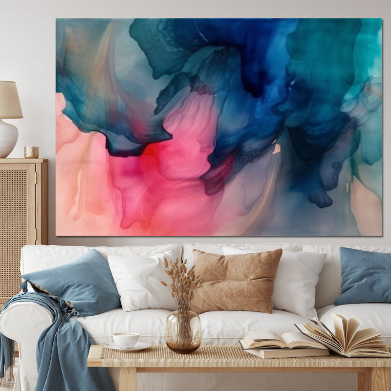 «Blue and Pink Watercolor Mix», reproduction d'art sur toile encadrée abstraite, H 40 po x l 60 po