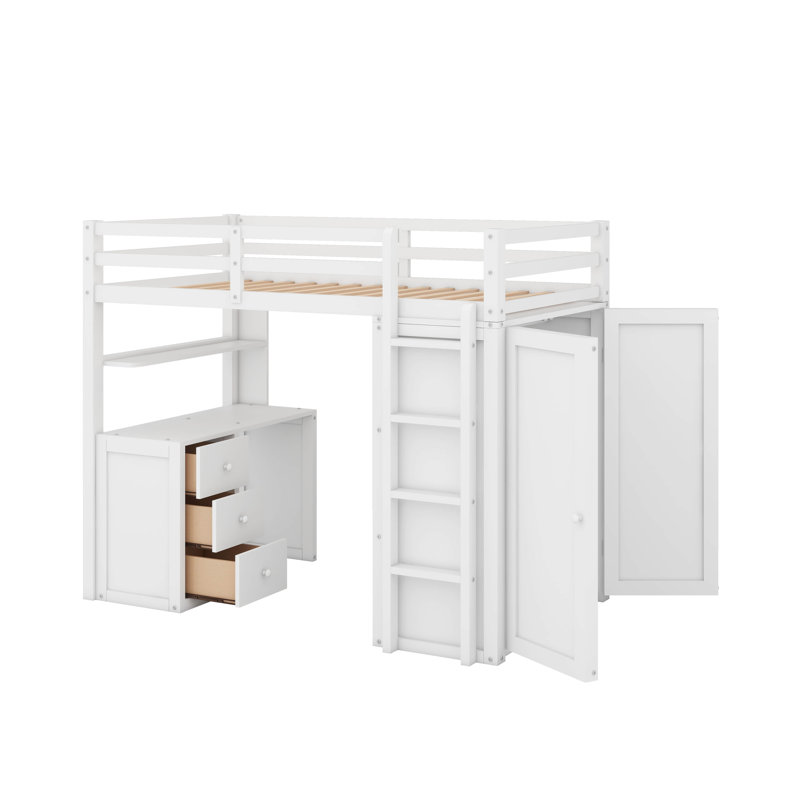 Lit mezzanine simple avec tiroirs, bureau et garde-robe, Blanc