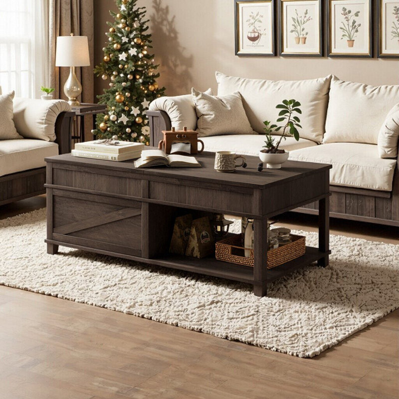 Table basse multifonctionnelle à plateau relevable avec rangement dissimulé et hauteur réglable, Brun antique