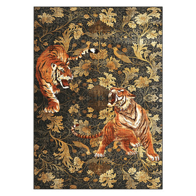 Tiger Washable Rugs Area Rugs for Living Room Vintage Rug Botanical Floor Carpet for Dining Room Home Office