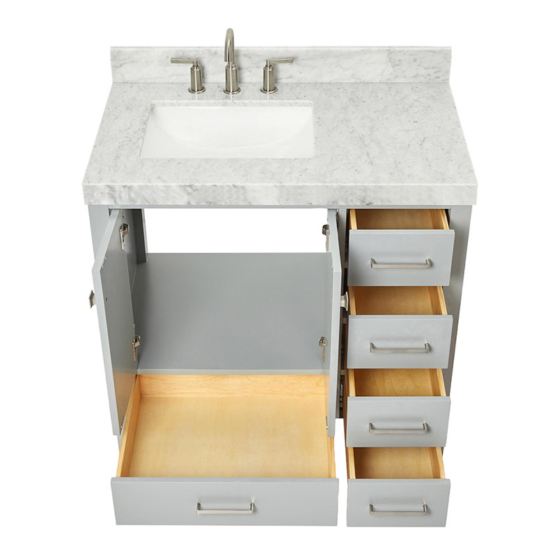 Ariel Cambridge 36 In. Left Offset Vanity With 2 In. Carrara Marble Countertop, Gray/Brushed Nickel, Rectangular, Left
