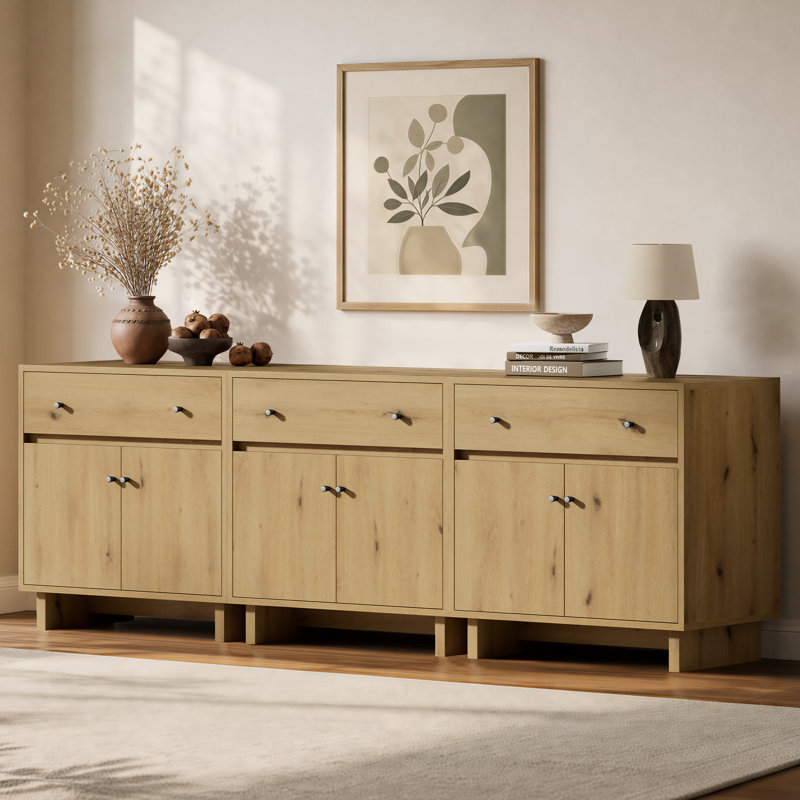 Ensemble de 3 meubles d'appoint Almaguer de 80 cm de large avec tiroir, 2 portes et tablette réglable, chêne naturel