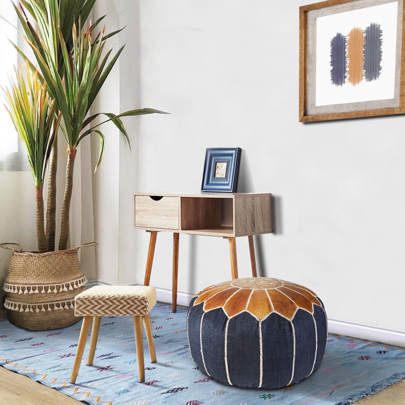 Leather Pouf, Brown/Blue Genuine Leather