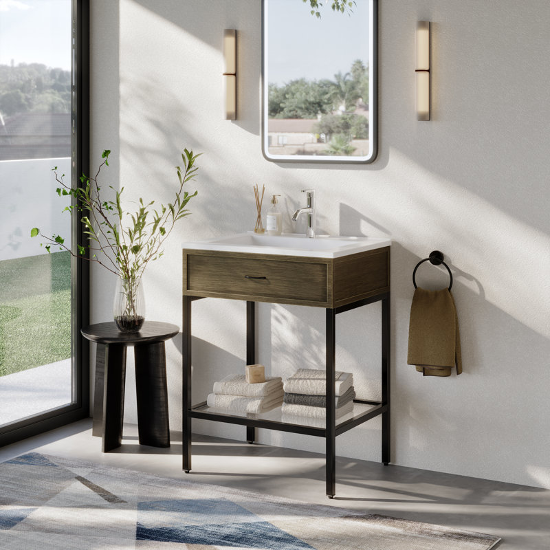 25" Modern Matte Black Stainless Steel Base Bathroom Vanity with Integrated Sink, Decorative Drawer, Tempered Glass Shelf for Contemporary Spaces