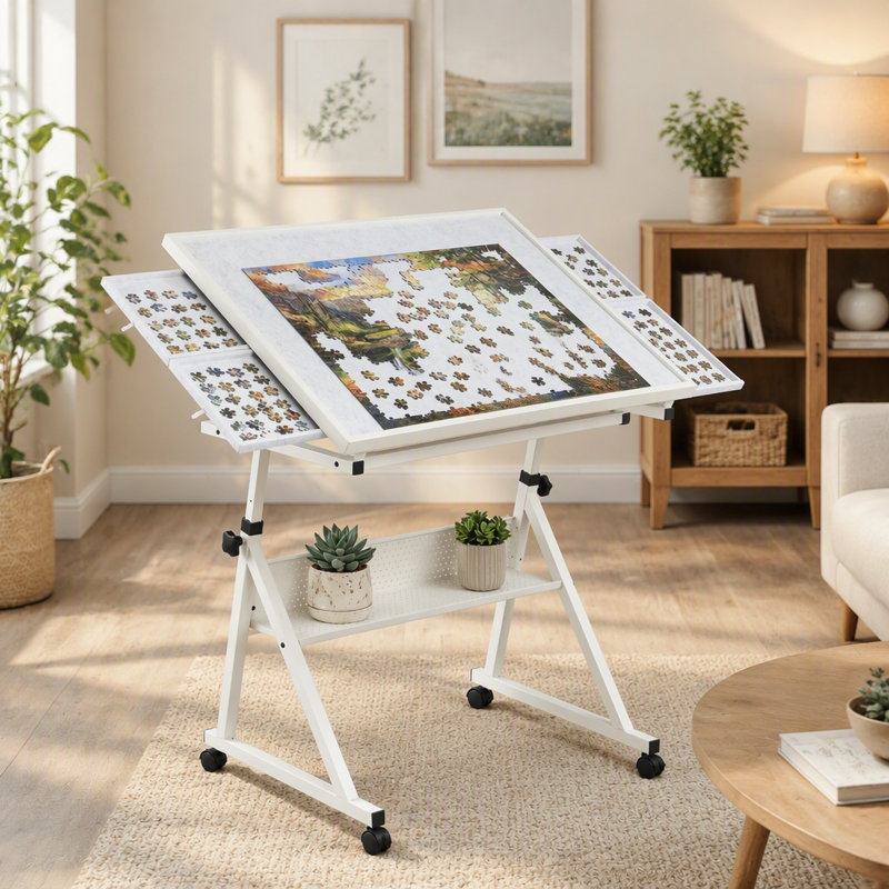 Table de casse-tête réglable à hauteur et à angle réglables de 1500 pièces avec plateaux de rangement et housse de protection