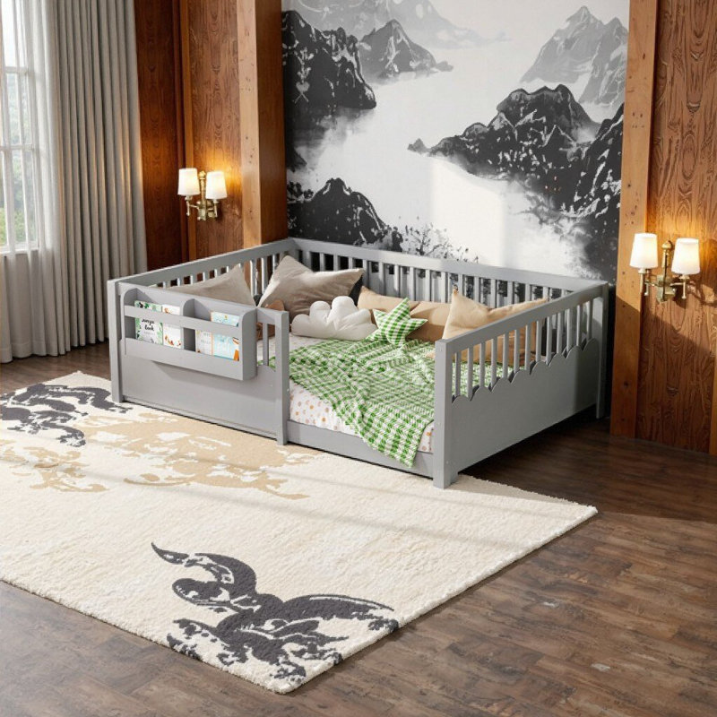 Lit double Montessori avec rails de sécurité et bibliothèque - gris, Gris