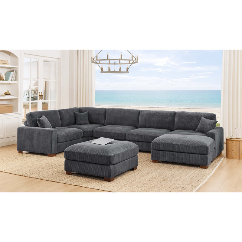 7-Pieces Modular Sofa Bed, Cream Corduroy, 34.00" H x 159.50" W x 87.50" D