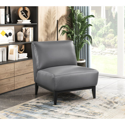 Chaise moderne en cuir avec pieds en bois massif au fini noir, coussin gris foncé, mousse haute densité, profondeur de produit de 28,5 po confortable et contreplaqué 100% cuir fleur supérieur, profondeur d'assise de 22,5 po, profondeur de 32 po