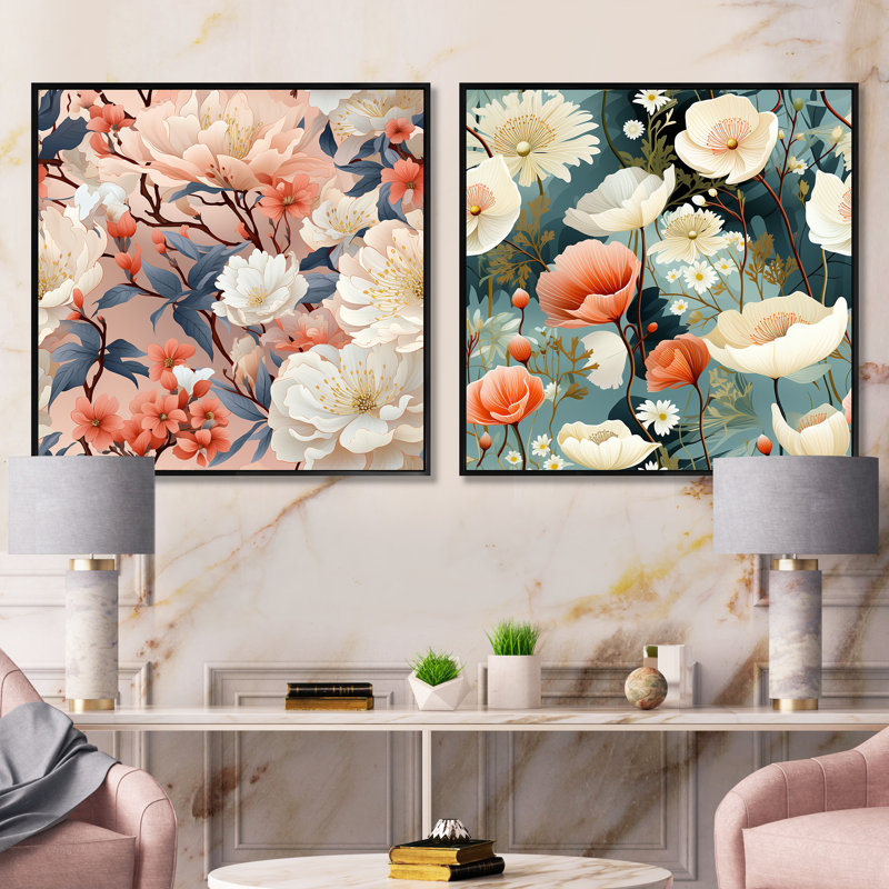 Herblay - Ensemble de 2 collages carrés floraux, Cadre flottant noir, H 16 po x l 33 po