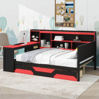 Lit de jour contemporain orienté jeu avec bureau et éclairage intégrés, structure de lit en bois comprenant 3 sections, tête de lit avec bibliothèque