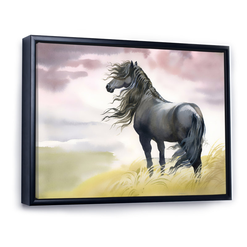 Cheval noir dans un champ - reproduction sur toile, H 34 po x l 44 po, Cadre flottant noir